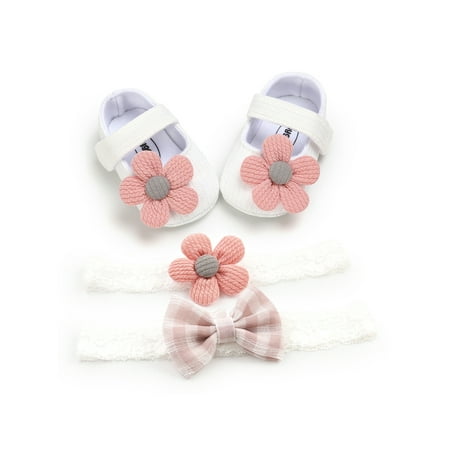 

3Pcs Baby Baptism Shoes and Headband Set Soft Sole Floral Mary Jane Flats and Hairbands for Infant Girls
