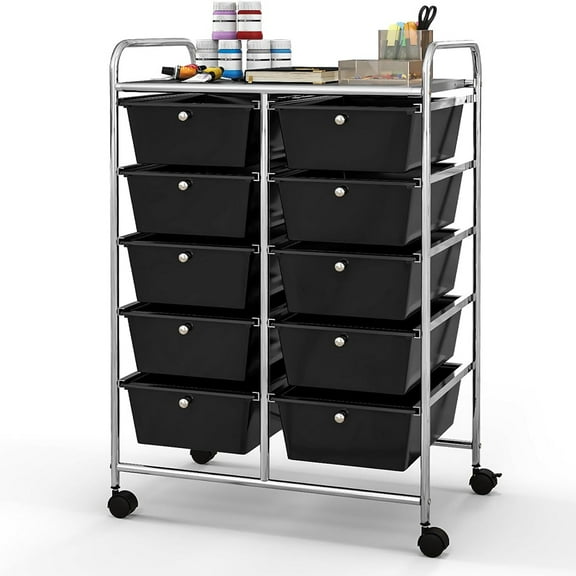 10 Drawers Rolling Cart, Classroom Organizers with Wheels, Mutifunction Storage Cart for Home, Office, School and Garage, Black