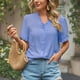 thumbnail image 3 of Blusa elegante de trabajo de manga corta con botones, talla M, blusa con escote en V y volantes en azul cielo, 3 of 6