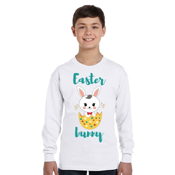 Easter Bunny Boy Long Sleeve Shirts for Kids - Youth XS S M L XL - Happy Easter Holiday Christian Tee for Boys for Girls