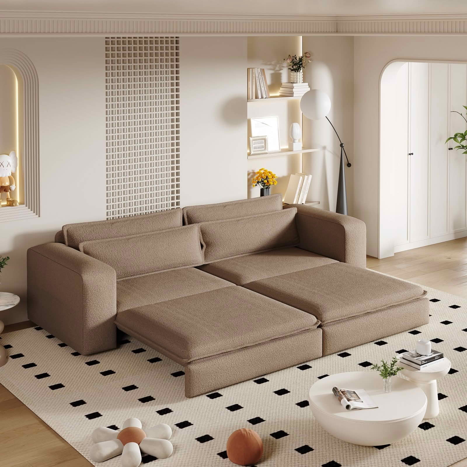 MAYEERTY 93" King‑Size Pull‑Out Sleeper Sofa Bed, 3‑in‑1 Convertible Chaise Lounge, Teddy Fabric 3‑Seater Couch Includes 2 Lumbar Pillows for Living Room & Study