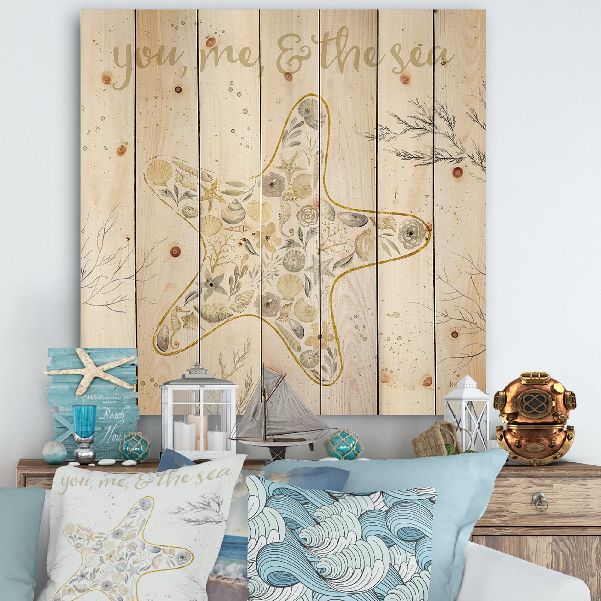 Designart 'Coastal Floral Blossoms II Neutral' Nautical & Coastal Print on Natural Pine Wood