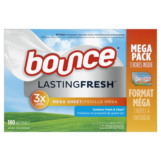 Bounce Lasting Fresh Mega Dryer Sheets, 180 ct, Outdoor Fresh & Clean