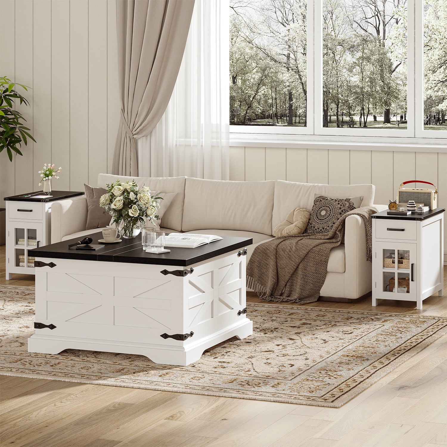 VVFLU Farmhouse Square Coffee Table with Storage for Living Room, Hinged Lift Top Soft Close, White