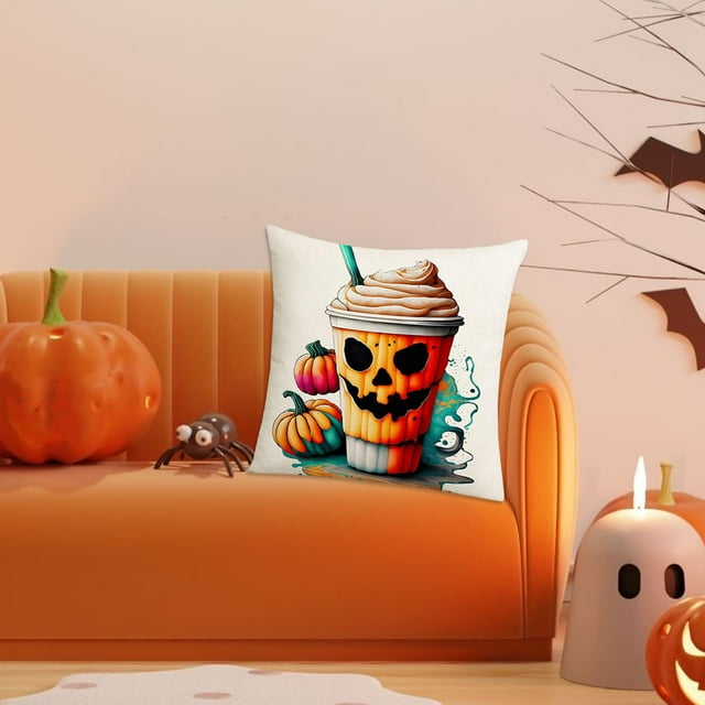 Housse de Coussin Motif Citrouille d'Halloween, Étui Décoratif en Lin pour Salon et File d'Attente, Décor Style des Fêtes avec Installation Facile