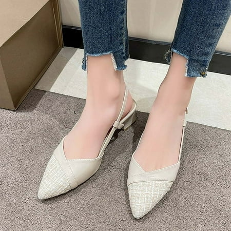 FAKKDUK Women s Closed Toe Sandals Kitten Heels for Women Low Heel Dress Shoes Parties Weddings and Formal Occasions Comfortable Sandals Slingback Pointed Toe Great for Proms  6.5&Beige