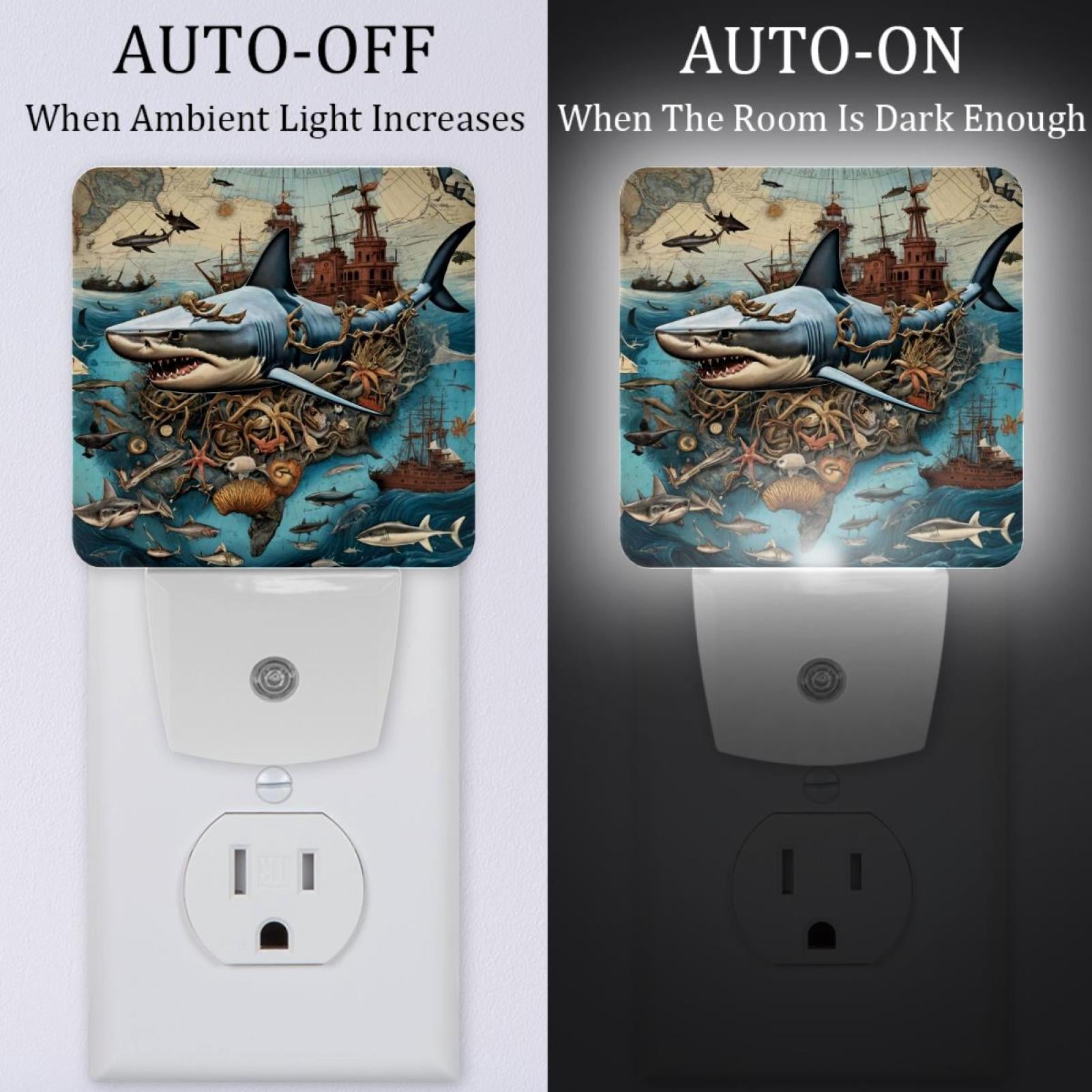 PhooArto Vintage Map Marine Shark Plug in LED Night Light Auto Sensor Dusk to Dawn Decorative Night for Bedroom, Bathroom, Kitchen, Hallway, Stairs, Baby's Room, Energy Saving