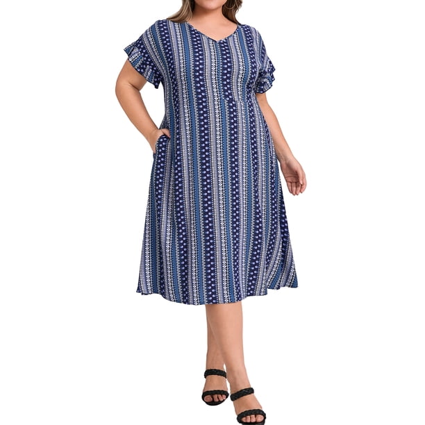 GRACE & GRANDEUR Vestido de Talla Grande para Mujer Boho Floral Flowy con Cuello en V y Mangas con Volantes, Vestido Midi Casual con Bolsillos 1X Azul Marino