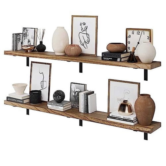 Wallniture Cervo 72"x9.5" Floating Shelves for Wall, Living Room Wall Book Shelf, Kitchen Floating Shelves with Metal Heavy Duty Brackets, Burnt Finish, Wood Set of 2