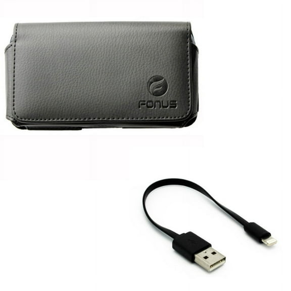 Short USB Cable w Case Belt Clip for iPhone 8/7/6S/6 - Charger Cord Power Wire Fast Charge, Leather Swivel Holster Loops Cover for iPhone 8/7/6S/6 Models