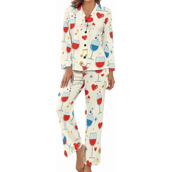 Top-kevin Wine Glasses Hearts Music Stars Women's Long-Sleeve Shirt And Full-Length Bottom Pajama Set