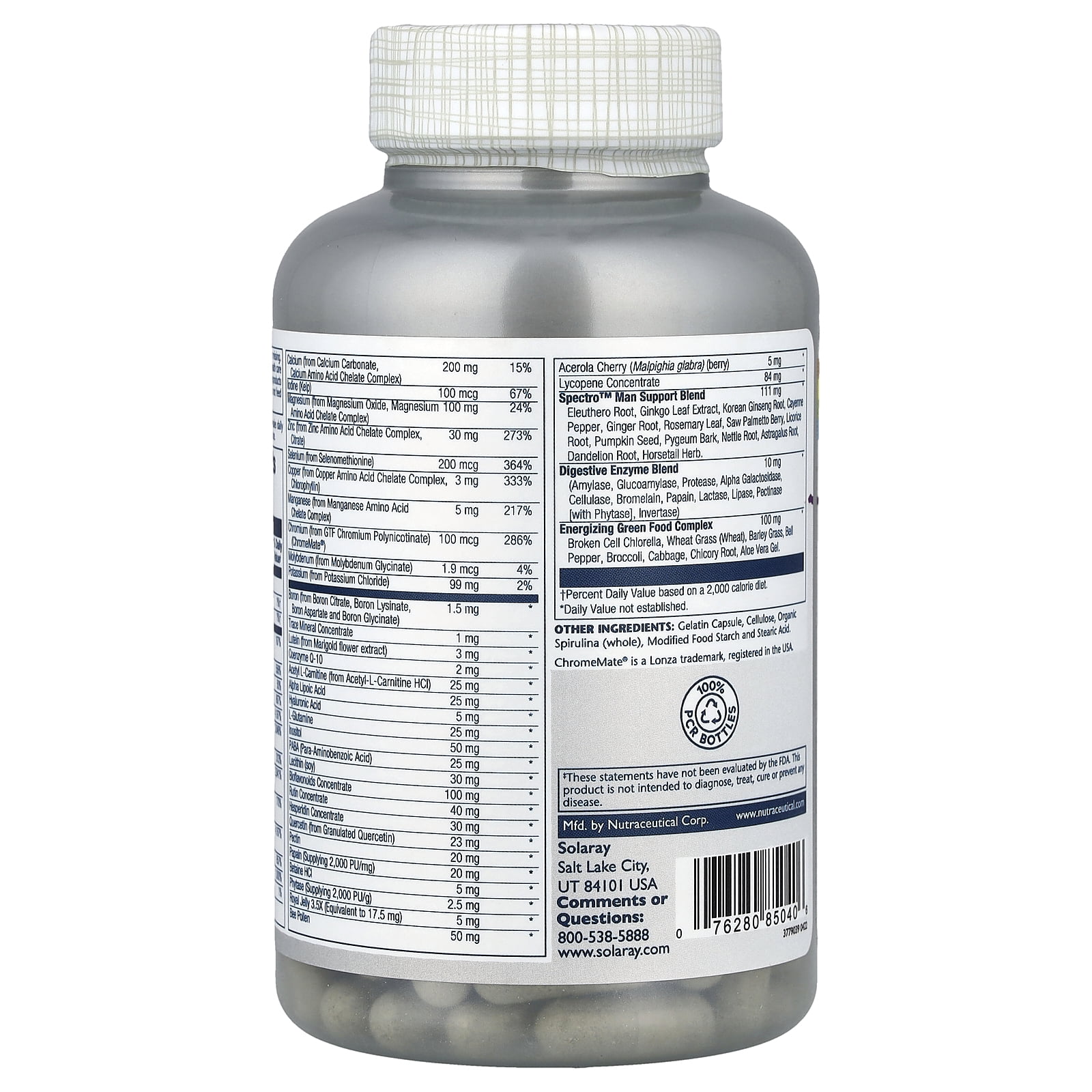 Solaray Spectro Multivitamin for Men, Men's Multivitamin for Energy and Overall Wellness with Saw Palmetto, Pumpkin Seed, Digestive Enzymes, and More, 60-Day Guarantee, 30 Servings, 120 Capsules (Man)