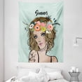 thumbnail image 1 of Miss Summer Tapestry, Female Illustration with Charming Colorful Flowers Headwear, Wall Hanging for Bedroom Living Room Dorm Decor, 60W X 80L Inches, Pale Seafoam Multicolor, by Ambesonne, 1 of 2