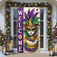 thumbnail image 6 of Colorful Mask Mardi Gras Banner Feather Adorned Carnival Display Purple Green Yellow Gold Accent Festive Backdrop for Carnival Party Mardi Gras Celebration Indoor Event, 6 of 9