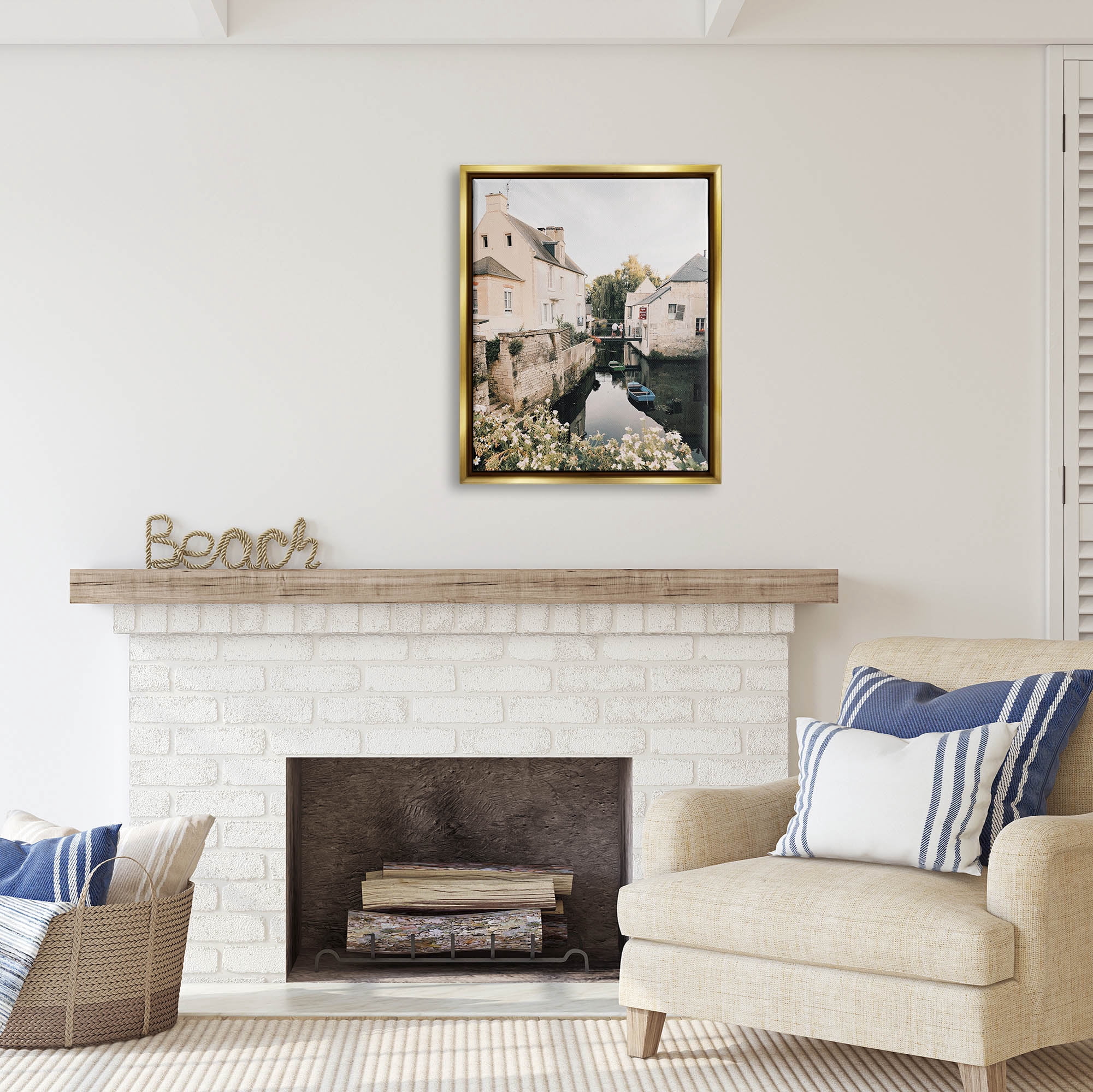 Stupell Industries Village Canal River Boats Garden Coastal Photography Gold Floater Framed Art Print Wall Art