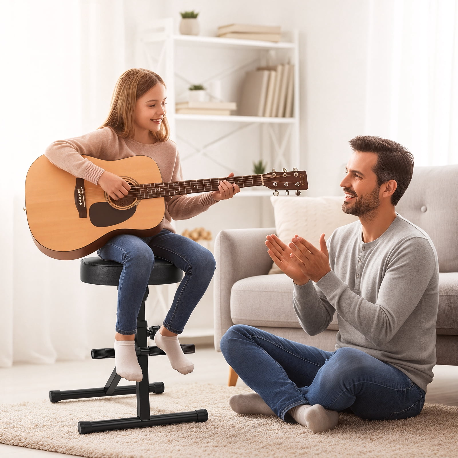 Adjustable Guitar Stool with Backrest & Footrest, Foldable Padded Seat for Electric Guitar Violin Bass, Integrated Guitar Holder for Home Studio & Performances