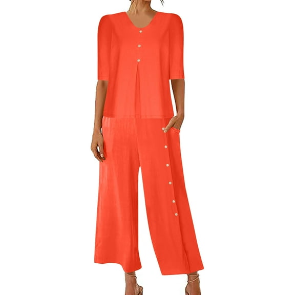 Hrsba Solid Color V Neck Tops with Pocket Long Pants Linen 2 Piece Set for Women Short Sleeve Summer Casual Outfits