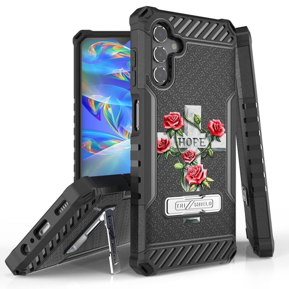 Tri-Shield Case for Gabb Phone 3 Pro, Slim Shockproof (MIL-STD 810G-516.6 Drop Tested) Military Grade Metal Kickstand Protective Cover - Cross Flowers
