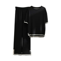 Honeeladyy Womens Knit 2 Piece Sweater Sets Short Sleeve Pullover Tops Elastic Waist Wide Leg Pants Lounge Set