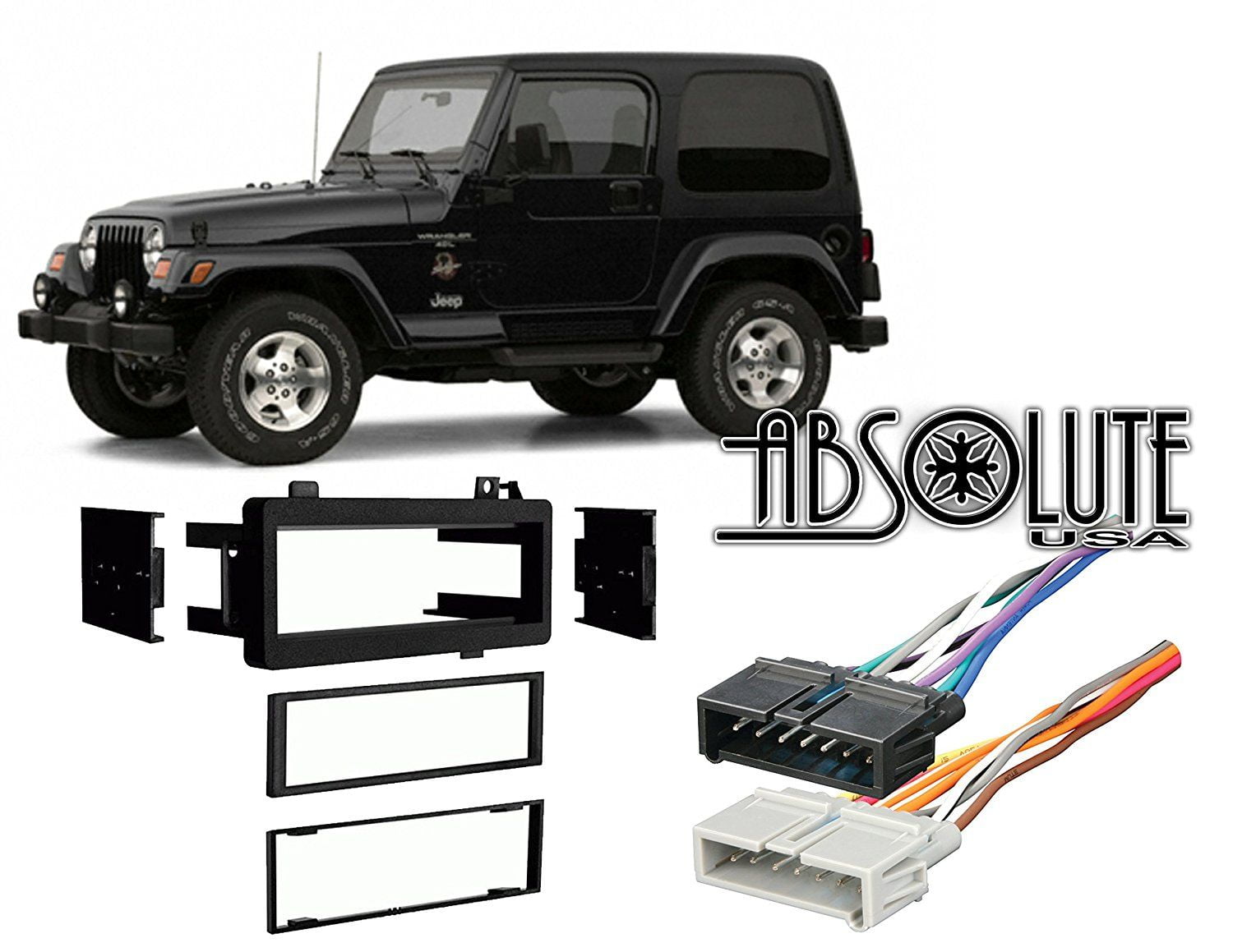 Absolute RADIOKITPKG22 Fits Jeep Wrangler 1997-2002 Single DIN Stereo  Harness Radio Install Dash Kit 