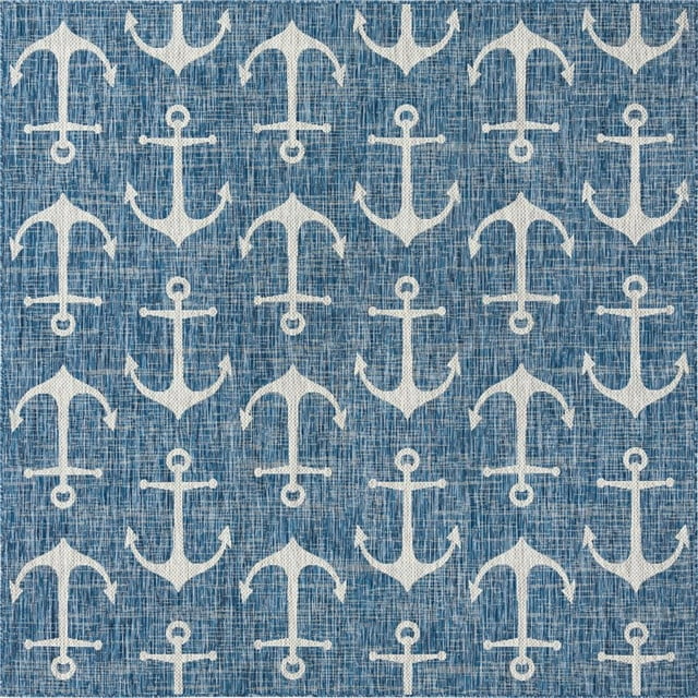 Unique Loom Outdoor Coastal Nautical Beach Rug 7' 10 x 7' 10 Square Blue/Gray