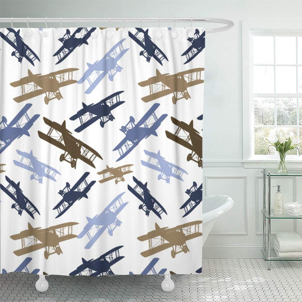 Aviator Airplane Aviation Graphics Bath Shower Curtain Red Blue White Polyester 