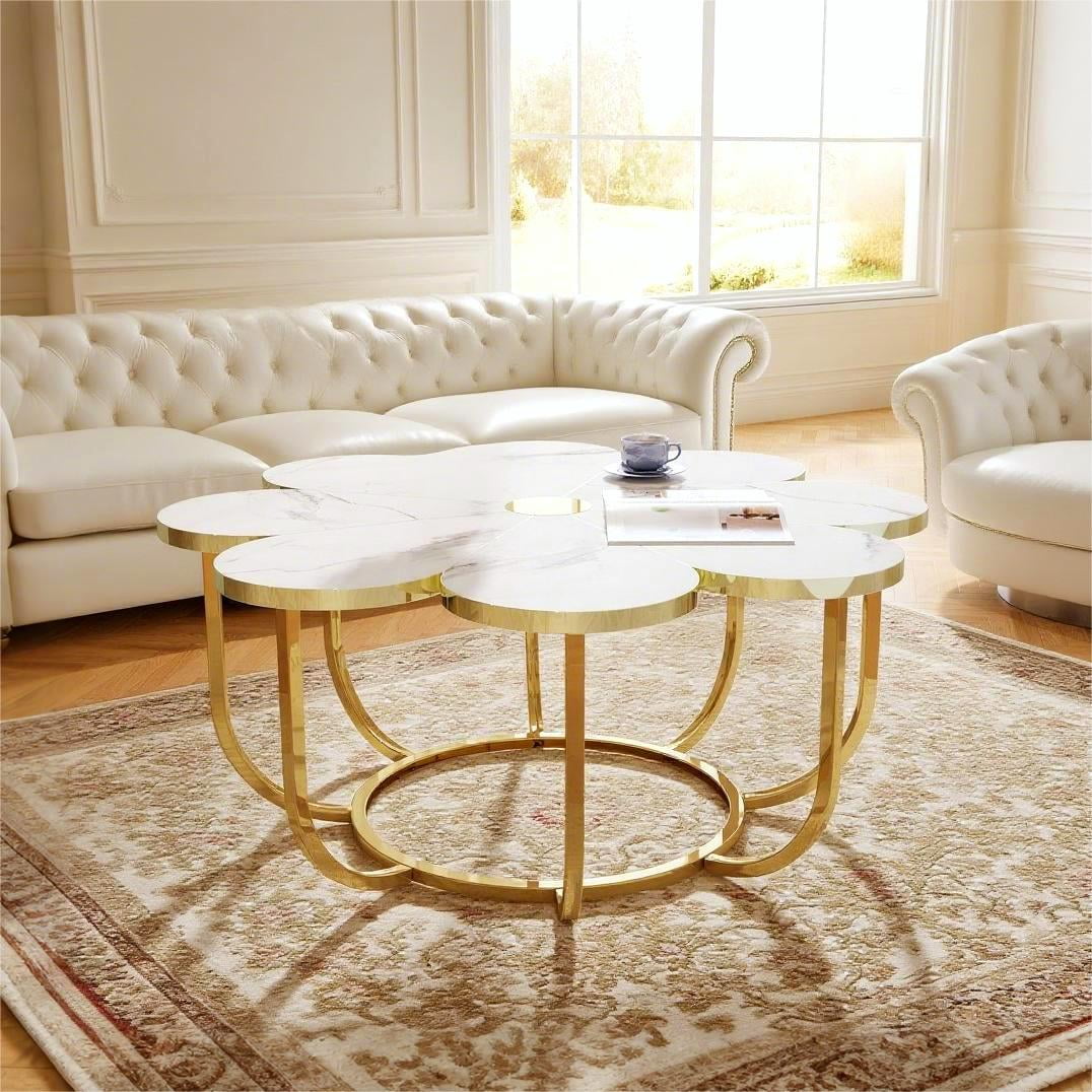 Fnova 39.37" Flower-Shaped Coffee Table, Modern Floral Accent Center Table with Faux Marble Tabletop & Metal Frame for Living Room, Bedroom & Lounge