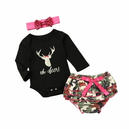 

0-18M Newborn Baby Girls Long Sleeve Cotton Tops+Camouflage Shorts+Headband Outfit Set