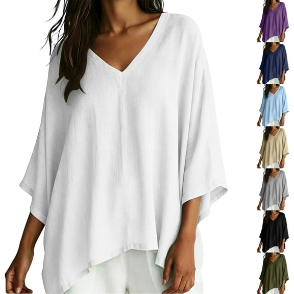 VBVC Women's V Neck Cotton Linen Blouse , Ladies' Batwing Sleeve Tunic Tops , Summer Lightweight Flowy Shirt For Women, White , S-3XL