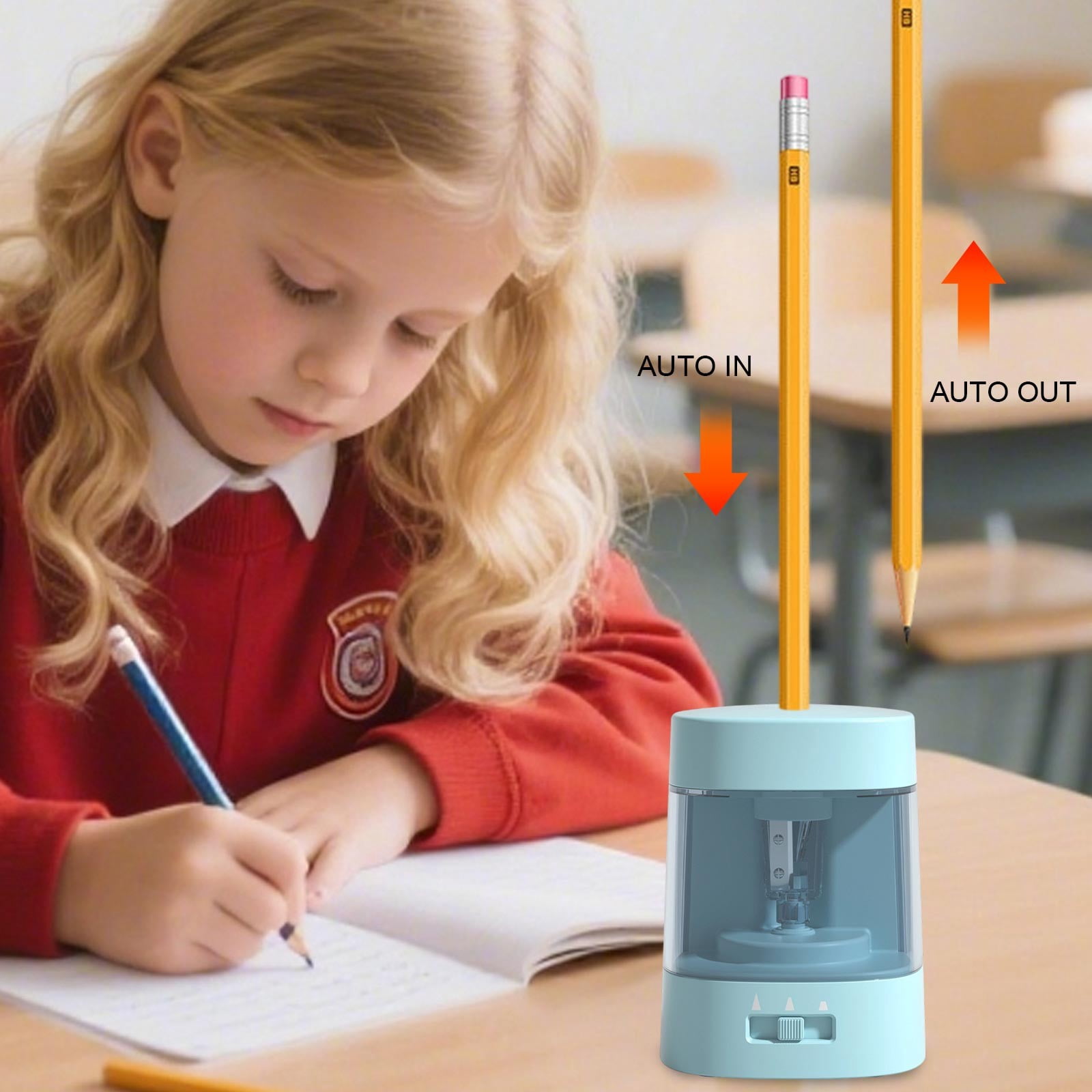 Roiihwy Electric Pencil Sharpener, Adjustable Pencil Tip Thickness, USB Power Supply in Classroom/Office/Home, Blue