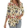 thumbnail image 2 of Xdegoge Blouses for Women Crewneck Three Quarter Sleeve Casual Dressy Workwear Flowy Fit Floral Print Pleated Front Soft Lightweight Spring Summer Tops, 2 of 7