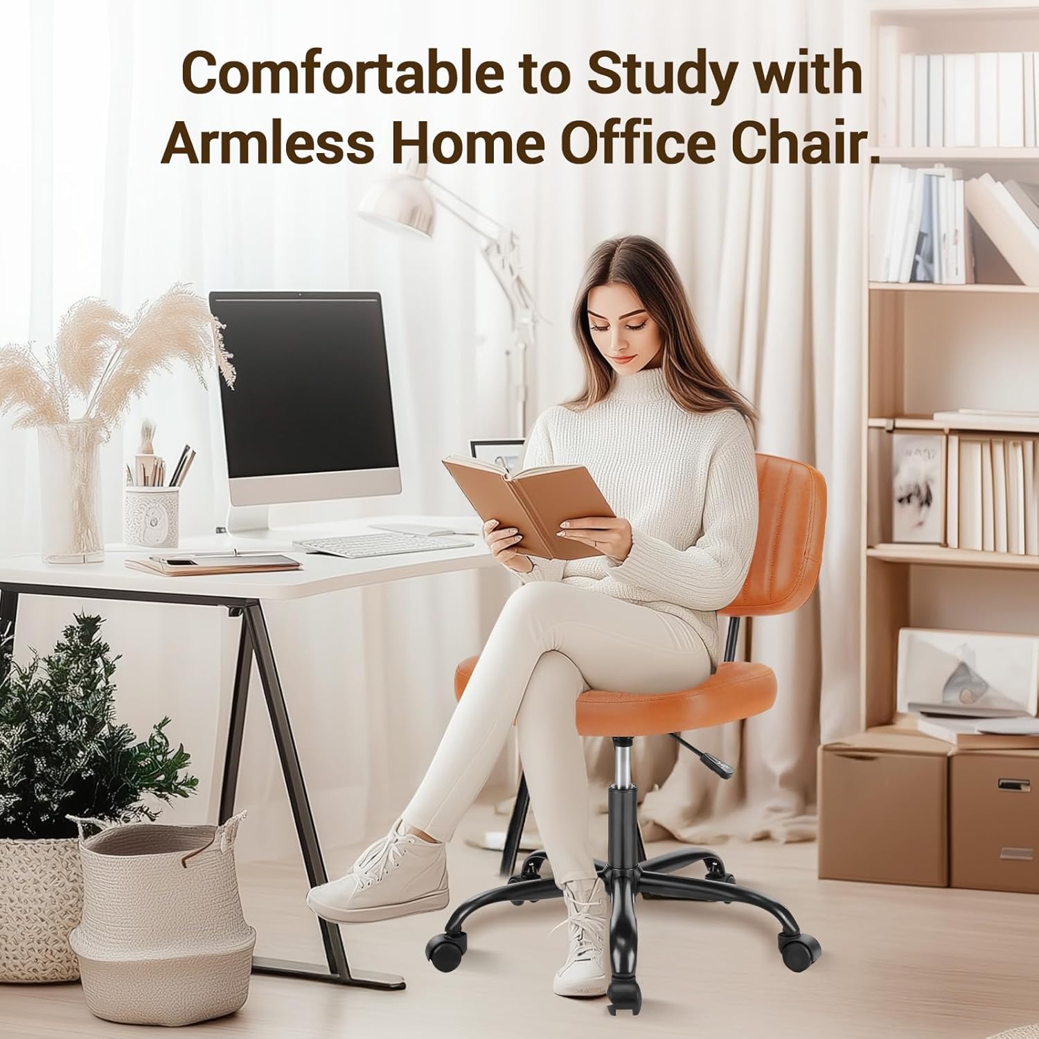QUIOCOZY Home Office Desk Chair with Low Back and Wheels PU Leather Computer Chair Ergonomic Adjustable Height Comfy Chair Armless with Swivel Rolling Vanity Chairs for Bedroom Adult Brown