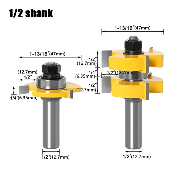 2pcs/set 1/2" Shank 12.7mm Shank Tongue & Groove Router Bit Set - Woodworking Cutter TenonCutter for Woodworking