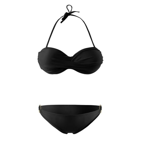 Aayomet Women s Bikini Sets Two Piece Bathing Suit Scoop Neck Adjustable Straps Textured Cheeky V Cut Bottom (Black  S)