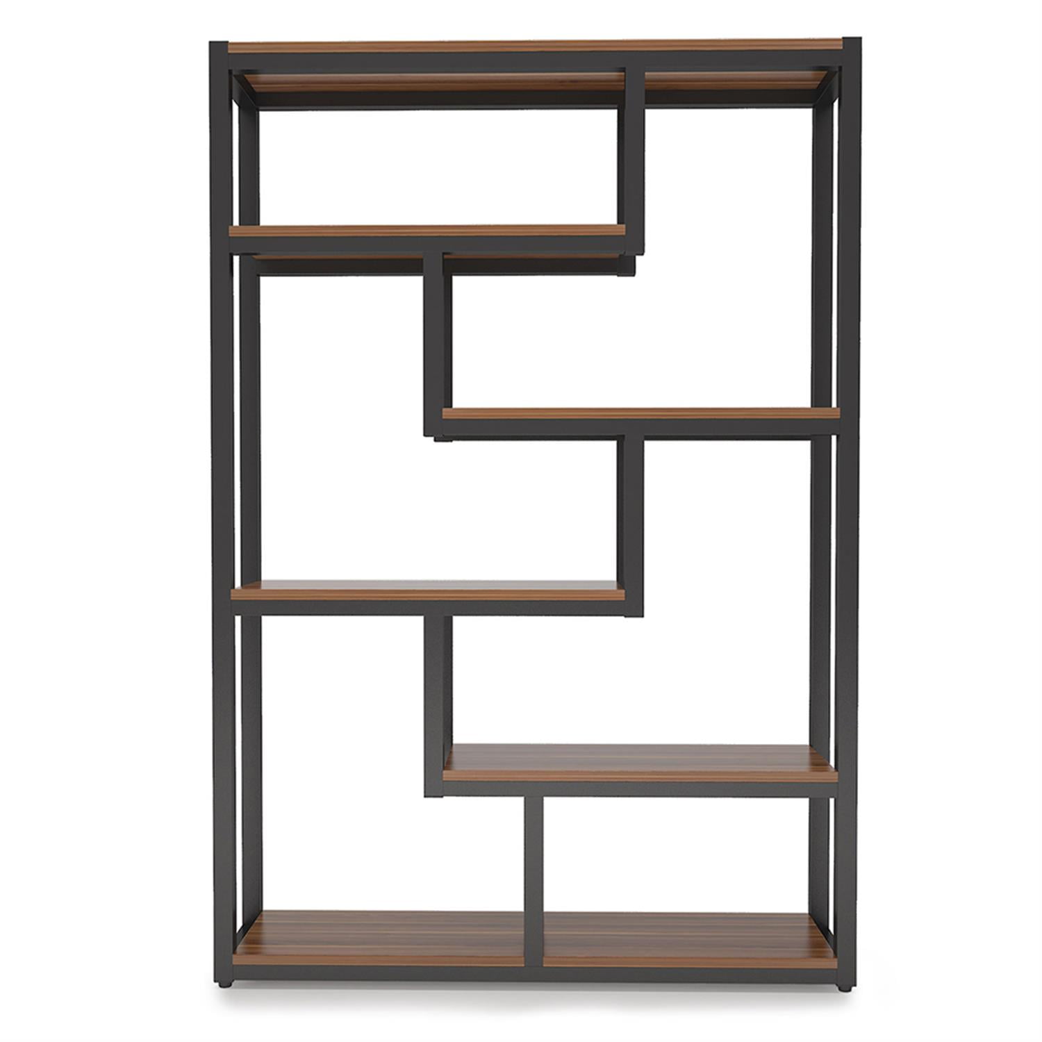 Demi Bonn 6 Tier Bookshelf, Wood and Metal Bookcase Storage Organizer, 69" Tall Display Standing Staggered Shelf Unit for Bedroom, Living Room, Brown