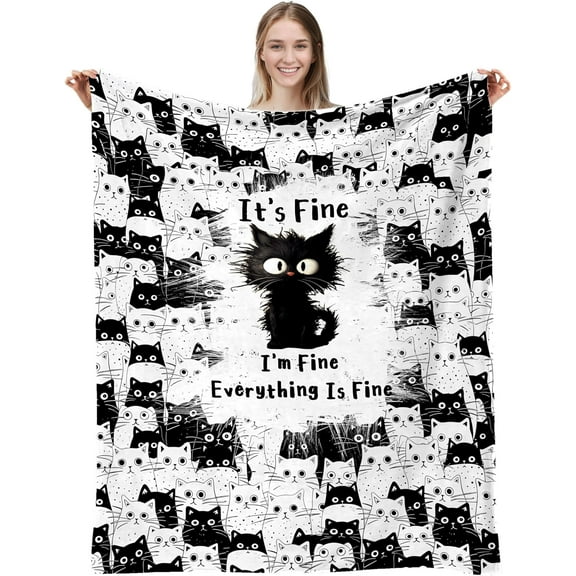 Black Cat Gifts, Cat Gifts for Cat Lovers, I''m Fine Everything is Fine Black Cat Blanket 50"X40", Cat Themed Gifts, Cat Lovers Gifts for Women Halloween Black Cat Decor Flannel Blanket for Bed Sofa