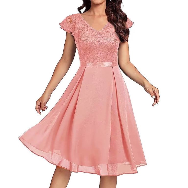 Women's Wedding Dress Wedding Dresses Woman Elegant V-Neck Dress Lace Dress  Knee-Length Dress Short Sleeve - Walmart.com