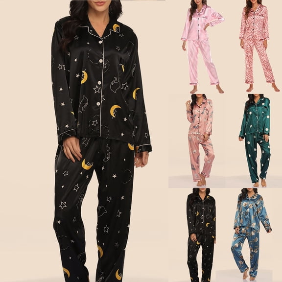 jiaxiM Womens Pajama Sets Satin 2 Piece Long Sleeve Pajama Set Button Down Pajamas Sets Sleep And Lounge Wear