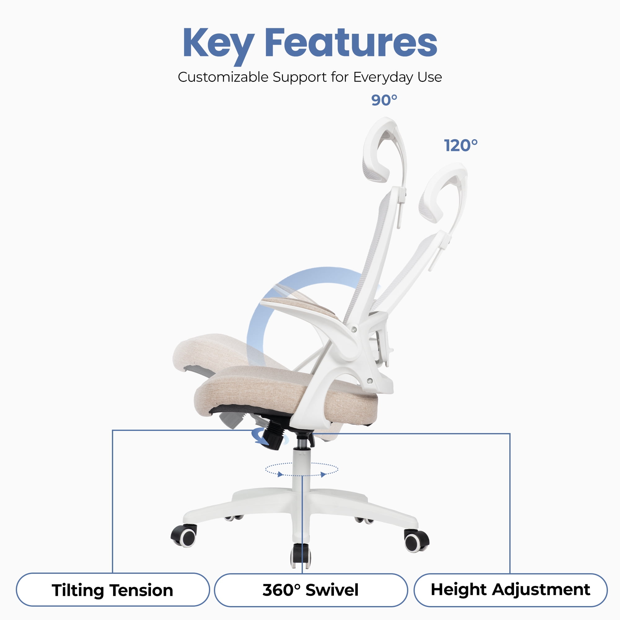 CELTOSS Ergonomic Office Chair, High Back Flip-Up Armrests Design, Adjustable Mesh Headrest and Lumbar Support, Beige