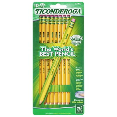 Lápices TICONDEROGA, con caja de madera, preafilados, grafito #2 HB suave, amarillo, paquete de 10 (33892)