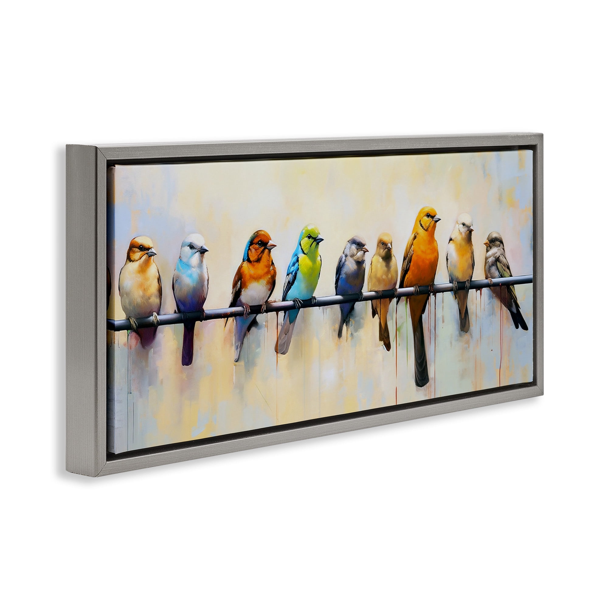Stupell Industries Modern Birds Perched Animals & Insects Painting Gray Floater Framed Canvas Art Print Wall Art, 31 x 14