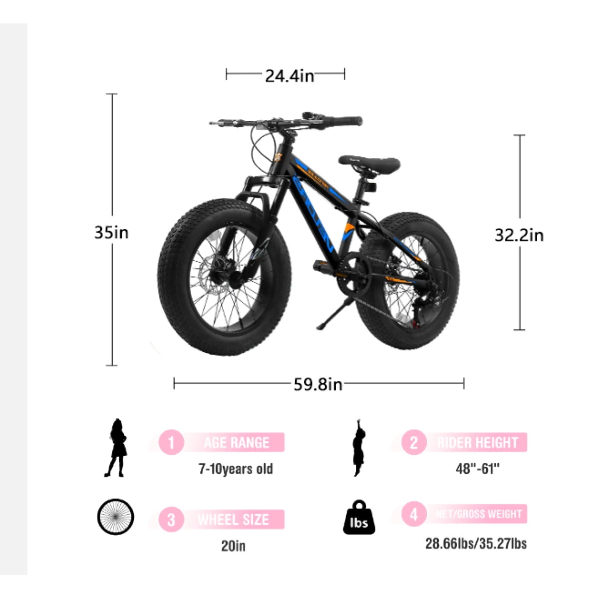 LuckyNote 20 Inch Fat Tire Bike for Adults, 7 Speed Mountain Bike with Dual Disc Brakes, High Carbon Steel Frame, Front Suspension, Black