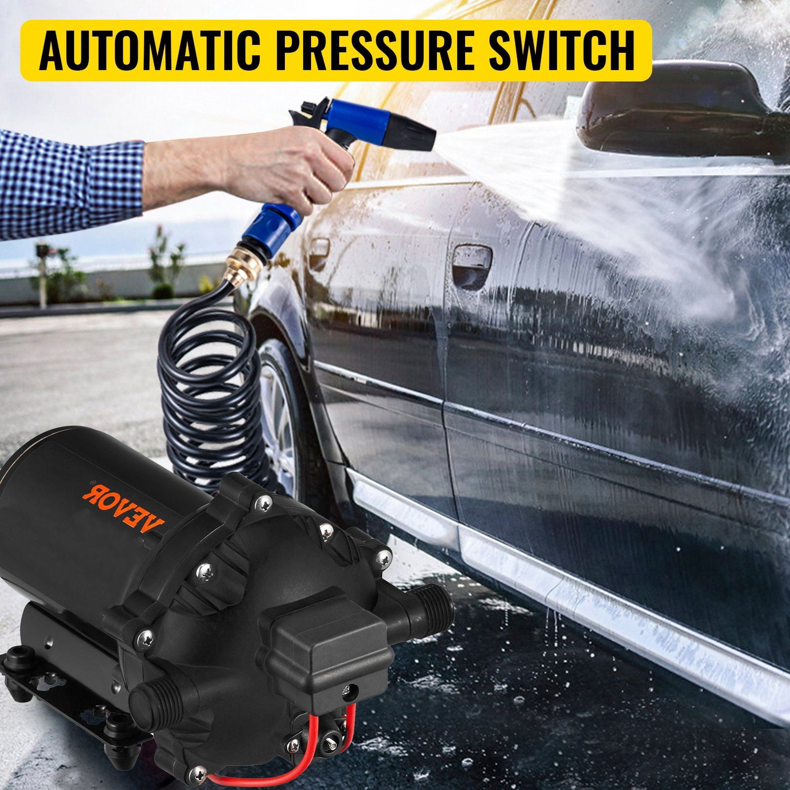 5.3 GPM 12V RV Water Pump with 25ft Hose, 70 PSI Diaphragm Pump for Marine Washdown