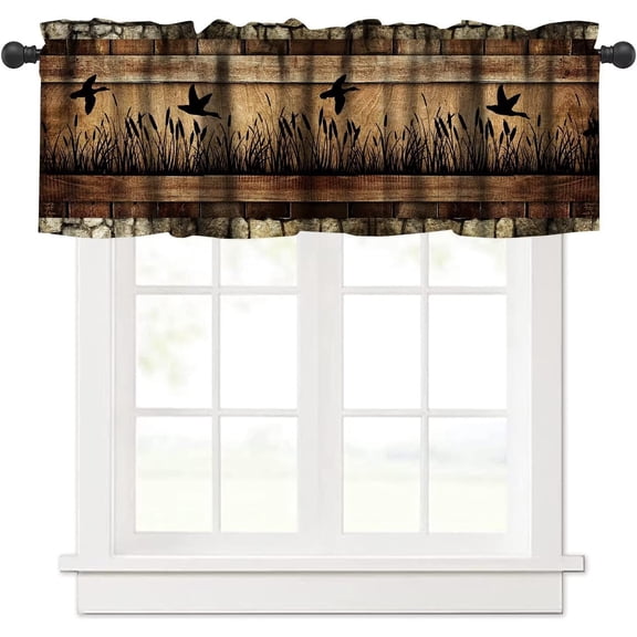 Vintage Duck Valance Curtain, Rustic Cabin Stone Brick Wooden Barn Farmhouse Forest Wildlife Flying Ducks Reeds Print Blackout Window Treatment for Home Livingroom Bedroom, 54x18inch
