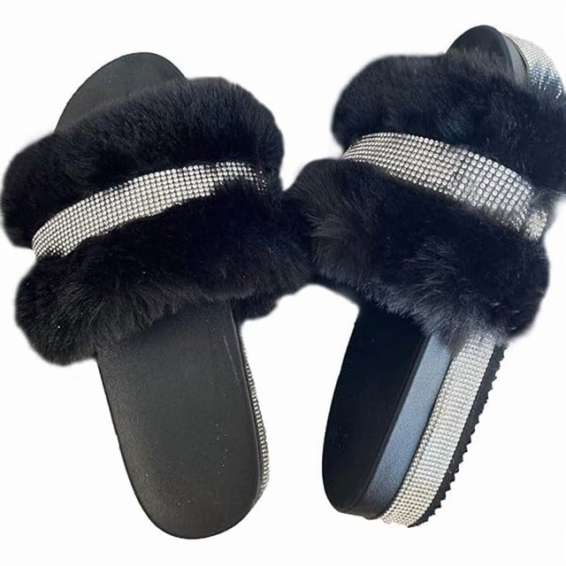 wonima44 light Slide Slippers for women Slip On heel Flats Platform with Faux Fur Rhinestone Outdoor Indoor Open Toe Sandals