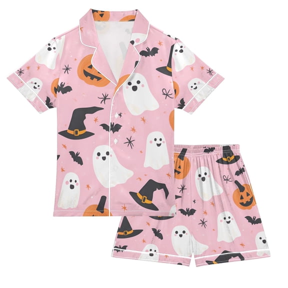 FORMRS Kids Short Sleeve Top and Pants Pajama Set Unisex Satin 2-Piece Sleepwear, Sizes 5-6Y, Pink Halloween Ghosts