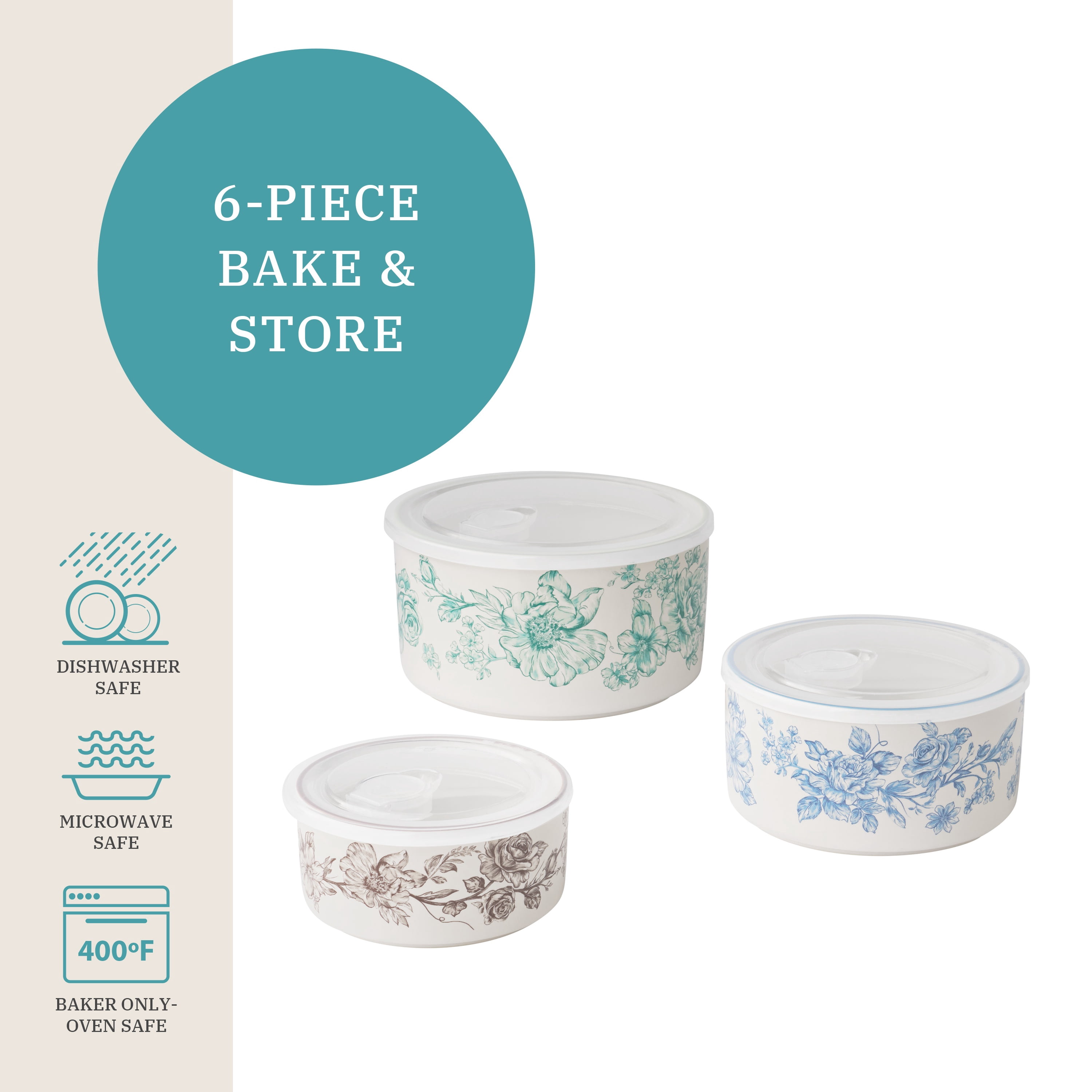 The Pioneer Woman Agatha 6-Piece Nesting Baker Set With Lids