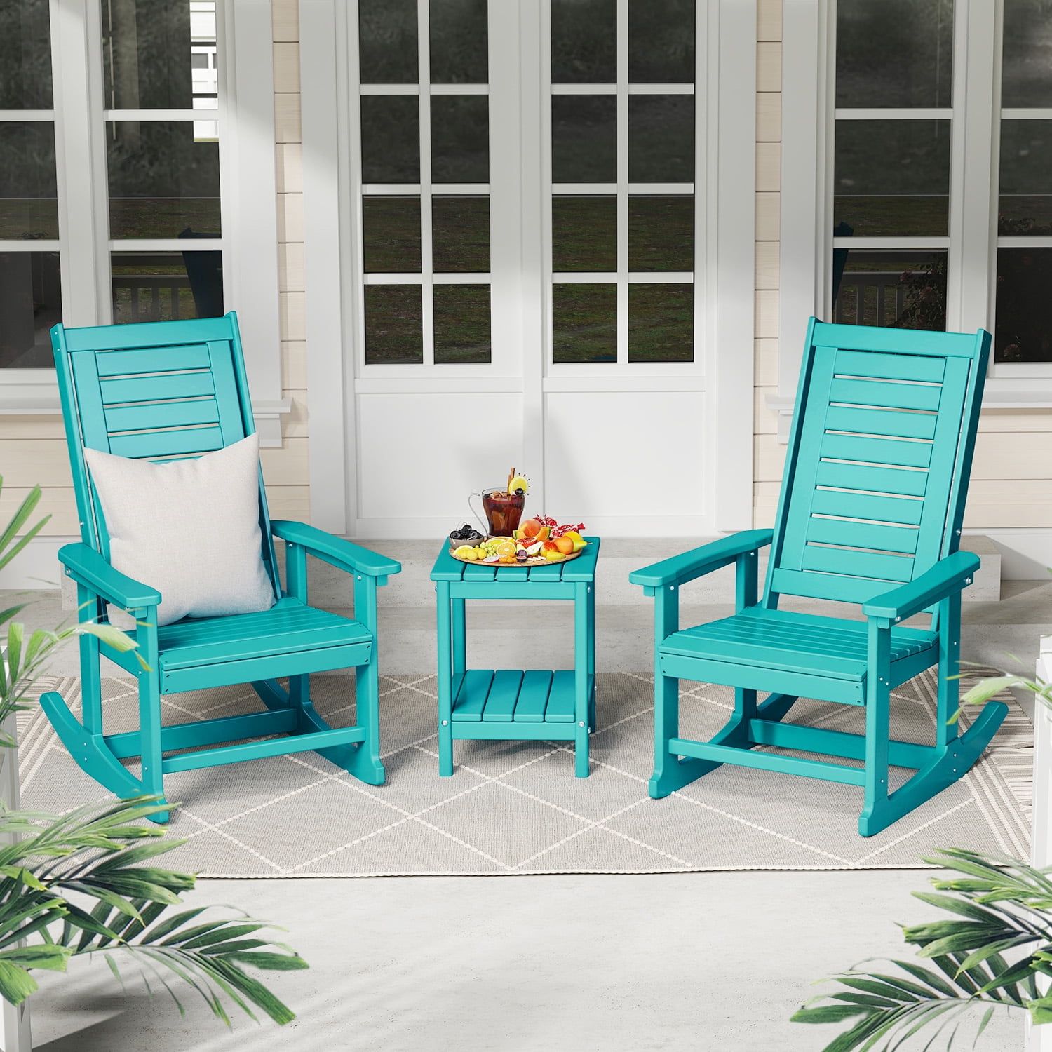 FODINGHILL Outdoor Rocking Chair Set of 4,HDPE Oversized Rocking Chair Outdoor,High Back Rocking Patio Chairs for Porch Garden Balcony,Aqua