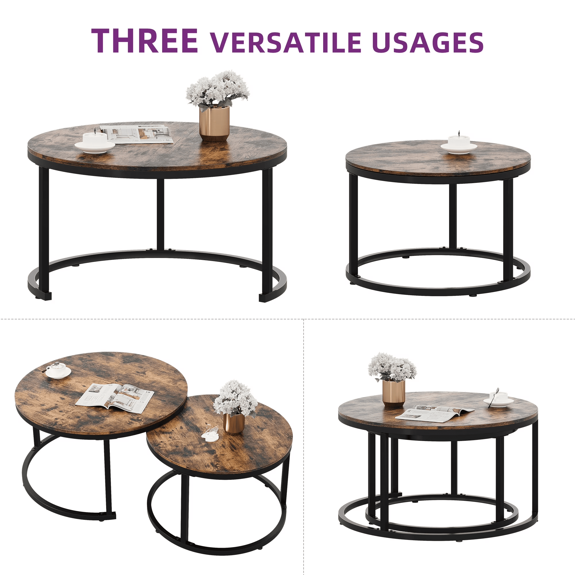 Uforic Nesting Coffee Tables Set of 2,Round Coffee Table for Living Room,Wood Coffee Tables with Sturdy Metal Frame,Rustic Brown