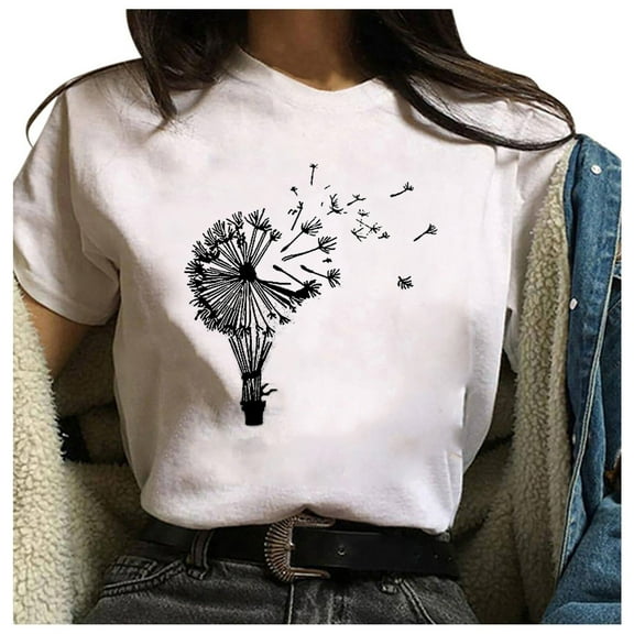 Babysbule Women's Tops Women's Fashion Casual Printing O-Neck Loose Short Sleeve T-shirt Winter Pullover Tops